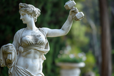 Greek goddess sculpture with dumbbell. Exercising statue, classic and perfect body shapes. Fitness and bodycare, health and sport concept. Powerlifting, muscle building. Marble, stone sculpture.の素材