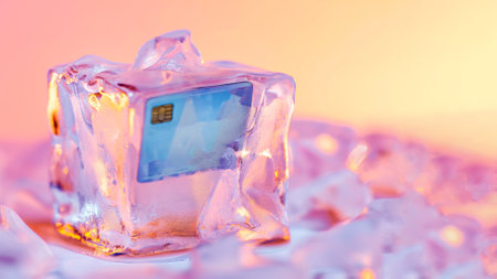 Credit card frozen in ice cube. Frozen bank account. Frozen funds and assets, unavailable money. The concept of bankruptcy and capital freezing, capital outflow restrictions, deposit risk, sanctions.の素材