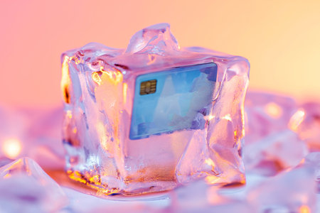 Credit card frozen in ice cube. Frozen bank account. Frozen funds and assets, unavailable money. The concept of bankruptcy and capital freezing, capital outflow restrictions, deposit risk, sanctions.の素材
