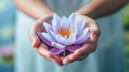 Beautiful lotus flower in female hands. Concept of relaxation, yoga, meditation, silence and calmness. Hand holding a lotus flower, water lily. Vesak day, Buddhist ribbon day, Buddha's birthday symbolの素材