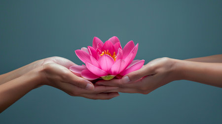 Beautiful lotus flower in female hands. Concept of relaxation, yoga, meditation, silence and calmness. Hand holding a lotus flower, water lily. Vesak day, Buddhist ribbon day, Buddha's birthday symbolの素材