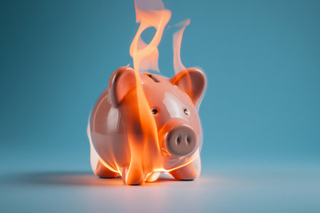 Burning piggy bank. Financial crisis and inflation, lost savings, funds and assets, unavailable money. Burnt deposit. The concept of bankruptcy, capital outflow restrictions, deposit risk, sanctionsの素材