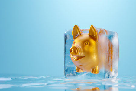 Piggy bank frozen in ice cube. Frozen savings, funds and assets, unavailable money. The concept of bankruptcy and capital freezing, capital outflow restrictions, deposit risk, sanctionsの素材