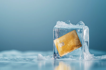 Credit card frozen in ice cube. Frozen bank account. Frozen funds and assets, unavailable money. The concept of bankruptcy and capital freezing, capital outflow restrictions, deposit risk, sanctions.の素材