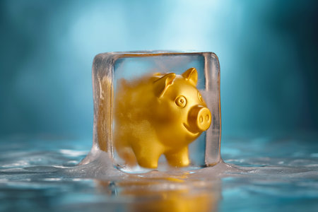 Piggy bank frozen in ice cube. Frozen savings, funds and assets, unavailable money. The concept of bankruptcy and capital freezing, capital outflow restrictions, deposit risk, sanctionsの素材