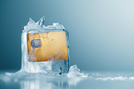 Credit card frozen in ice cube. Frozen bank account. Frozen funds and assets, unavailable money. The concept of bankruptcy and capital freezing, capital outflow restrictions, deposit risk, sanctions.の素材