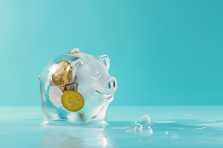 Piggy bank as a frozen ice cube. Frozen savings, funds and assets, unavailable money. The concept of bankruptcy and capital freezing, capital outflow restrictions, deposit risk, sanctionsの素材