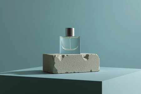 Bottle of perfume on a background of natural stone. Mock up of minimal elegant perfume bottle. Fragrance presentation, trending perfumery design, luxury fragrance, a mockup with natural materials.の素材