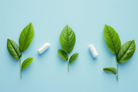 White capsules with green leaves on blue background with copy space. Pharmacy and ecology theme, pharmaceuticals, healthcare, medicine, herbal remedies, organic pharmacy, natural dietary supplements.の素材