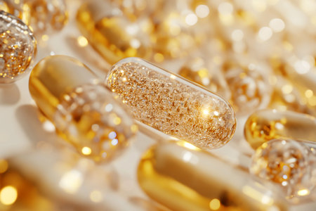 Golden capsule pills with diamonds. Expensive treatment concept, expensive medicine, medications, premium luxury healthcare. Rising drug prices. Best supplements, vitamins, essential microelementsの素材