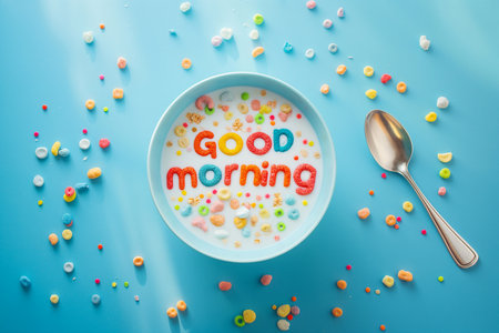 Words made of colorful cereal. Good Morning message in a bowl. Simple and fast breakfast. National cereal day. Minimal creative food concept.の素材