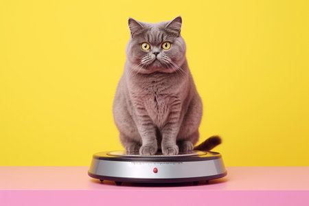 Fat cat sitting on scales. Pet overweight, wrong unhealthy diet, obesity, weight gain concept. Pets weight control, cat is weighed on pastel background with copy space for text.の素材