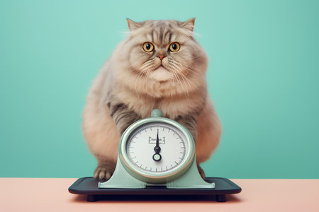 Fat cat sitting on scales. Pet overweight, wrong unhealthy diet, obesity, weight gain concept. Pets weight control, cat is weighed on pastel background with copy space for text.の素材
