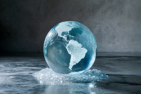 Frozen earth globe. Climate change and long winter concept, planet Earth is covered by ice and snowの素材