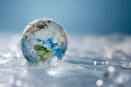 Frozen earth globe. Climate change and long winter concept, planet Earth is covered by ice and snowの素材