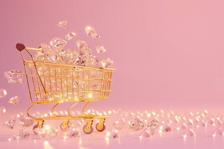 Golden shopping cart with diamonds, pink background with copy space. Jewelry, wedding shopping. Sale, luxury products. Black Friday concept, shopping season, purchase, discounts. Promotion, marketing.の素材