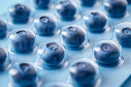 Blister with blueberries as pills. Berries instead of tablets. Natural Vitamin C supplement. Immune system boost. Tablets, pharmacy, medicine, vitamins. Health and medicine, sports nutrition concept.の素材
