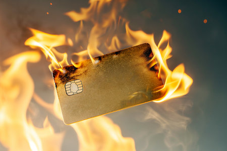 Burning credit card. Closed bank account, refusal of digital money. Inaccessible funds and assets. Bankruptcy, financial crisis, capital outflow restrictions, deposit risk, sanctionsの素材