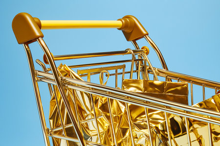 Shopping card with bags. Golden shopping basket full of gold shopping bags on blue background. Sale, Black Friday concept, shopping season, purchase, discounts, shopaholic. Promotion, marketing.の素材