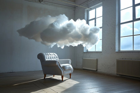 An armchair with clouds. Fluffy cloud around soft armchair in empty room. Peaceful place for thinking. Dreaming, mental health, tranquil place, relaxation. Loneliness, emptiness and sadness.の素材