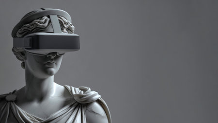 Antique marble sculpture with VR headset. Statue wearing virtual reality goggles, holding smartphone. Metaverse world exploring with VR glasses, VR games concept, futurism, modern technology and artの素材