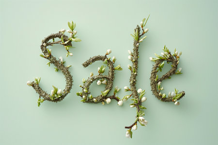 The word SALE made of blooming tree branches. Cherry blossoms forming sign Sale, discount symbol. Spring sale card for social media promotion. Black Friday sale, shopping season banner.の素材
