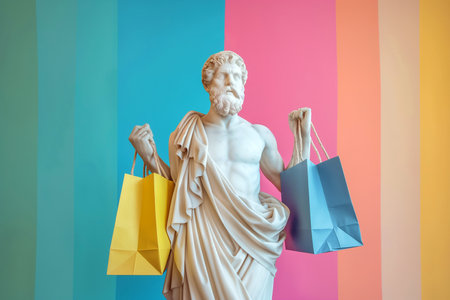 Ancient Greek god sculpture carrying shopping bags. Sale and discounts concept. Black Friday Sale, promotion, marketing, advertisement. Overconsumption, fast fashion, consumer culture, shopaholic.の素材