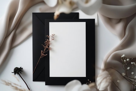 Wedding invitation mockup. Blank template for design or product placement. Blank card on neutral background with soft fabric and flowers. Elegant wedding flat lay composition.の素材