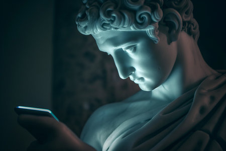 Ancient Greek god sculpture holding a smartphone in the dark. Statue of a hero scrolling social media. Doomscrolling, mental health, digital wellness, time loss concept. Bad habits, newsの素材