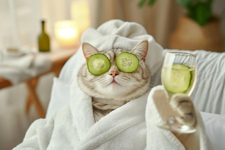 Cat in spa wearing bathrobe and turban with cucumber slices on eyes holding a glass of champagne, toasting. Beauty procedures, wellness, relax. Vacation in luxury hotel. Pet grooming, domestic pets.の素材