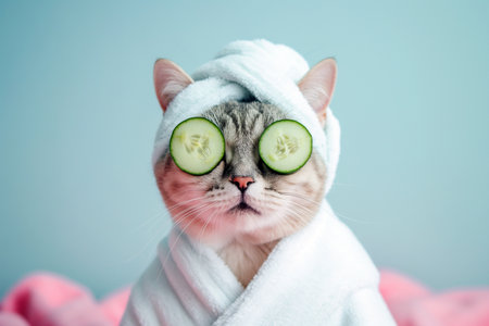 Cat relaxing in spa with cucumber slices on eyes. Cute cat in a bathrobe and turban on spa treatments after bath. Beauty procedures, wellness, relaxation concept. Domestic pets treatment, pet groomingの素材