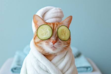 Cat relaxing in spa with cucumber slices on eyes. Cute cat in a bathrobe and turban on spa treatments after bath. Beauty procedures, wellness, relaxation concept. Domestic pets treatment, pet groomingの素材