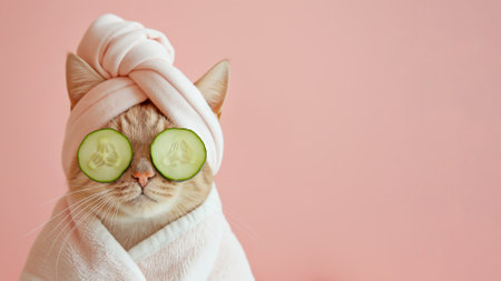 Cat relaxing in spa with cucumber slices on eyes. Cute cat in a bathrobe and turban on spa treatments after bath. Beauty procedures, wellness, relaxation concept. Domestic pets treatment, pet groomingの素材