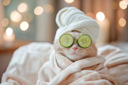 Cat relaxing in spa with cucumber slices on eyes. Cute cat in a bathrobe and turban on spa treatments after bath. Beauty procedures, wellness, relaxation concept. Domestic pets treatment, pet groomingの素材