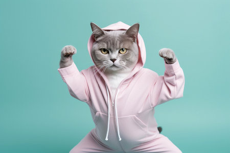 Cat Dressed in sportswear stretching legs, doing yoga, exercising. Kitten dressed in sweater. Clothing for pets, humanoid cat, feline fashion. Cat in clothes like a human, copy spaceの素材