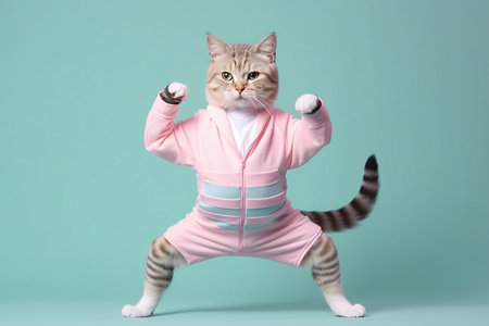 Cat Dressed in sportswear stretching legs, doing yoga, exercising. Kitten dressed in sweater. Clothing for pets, humanoid cat, feline fashion. Cat in clothes like a human, copy spaceの素材