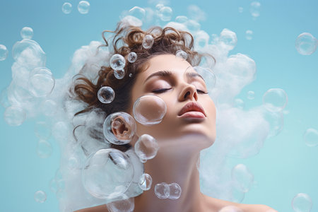 Young woman in soap foam with bubbles. Taking bubble bath with foam, hair and skin care, using shampoo or gel. Cosmetics and relax concept. Personal hygiene, skincare daily routine, pastel background.の素材