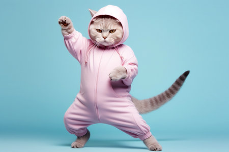 Cat Dressed in sportswear stretching legs, doing yoga, exercising. Kitten dressed in sweater. Clothing for pets, humanoid cat, feline fashion. Cat in clothes like a human, copy spaceの素材