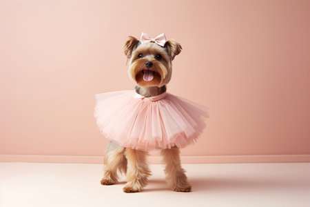 A dog as a ballerina dancer in a tutu on pastel background. Dog dancing in ballerina outfit doing a pirouette. Classic dance, elegance and royalty, purebred dog as a ballet dancer.の素材