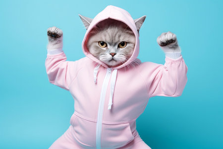 Cat Dressed in sportswear stretching legs, doing yoga, exercising. Kitten dressed in sweater. Clothing for pets, humanoid cat, feline fashion. Cat in clothes like a human, copy spaceの素材