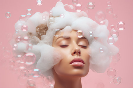 Young woman in soap foam with bubbles. Taking bubble bath with foam, hair and skin care, using shampoo or gel. Cosmetics and relax concept. Personal hygiene, skincare daily routine, pastel background.の素材