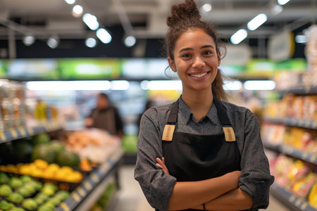 Wine merchant in supermarket, sommelier consultant professional wearing apron. Red wine tasting, degustation, liquor store on background.の素材