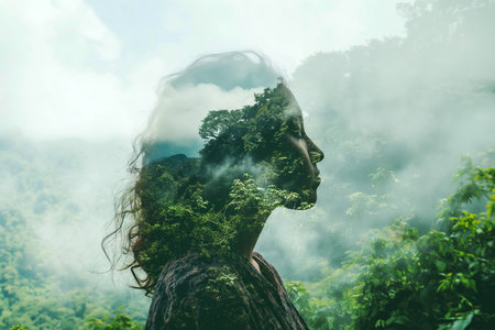 Double exposure portrait of woman blended with nature, green forest trees on light background. Spring, travel, nature and wanderlust concept. Alone solo traveler, dreams and thinking green, ecology.の素材
