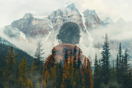 Double exposure portrait of woman blended with nature, green forest trees on light background. Spring, travel, nature and wanderlust concept. Alone solo traveler, dreams and thinking green, ecology.の素材