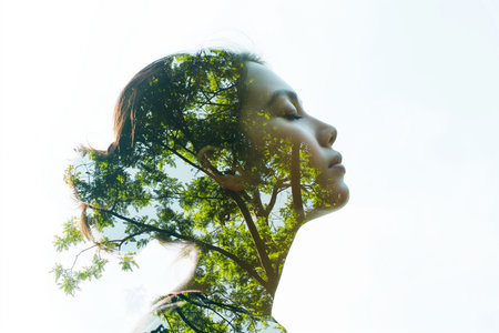 Double exposure portrait of woman blended with nature, green forest trees on light background. Spring, travel, nature and wanderlust concept. Alone solo traveler, dreams and thinking green, ecology.の素材
