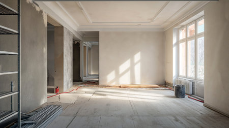 Room renovation, wall painting, Apartment before renovation. The interior of a house being constructed, restoration process.の素材