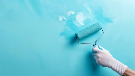 Hand painting wall with roller brush. Person applying bright blue paint to a wall with a roller. Banner template with copy space. Home improvements, renovations background textureの素材