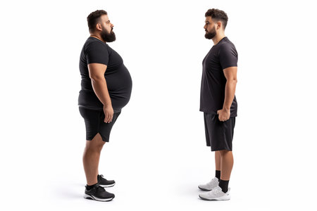 Man posing before and after weight loss. Diet and healthy nutrition. Fitness results, get fit. Liposuction results, plastic surgery. Transformation from fat to athlete. Overweight and slim, trainingの素材