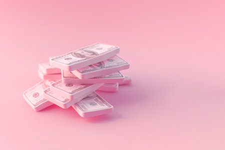Stack of money on pastel background. 3d minimal banknote currency. Business, finance, savings, bank, finance investment concept. Stack of dollar bills, cash, paper money, salary, bonus.の素材