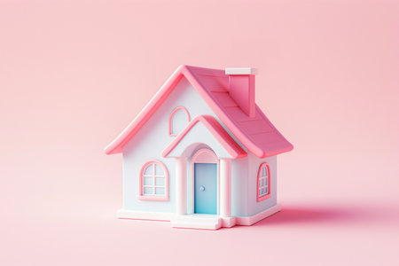 Minimal cute house isolated on pastel background, cartoon style, 3d rendering. Real estate, mortgage, loan concept. House miniature, 3d model, house for sale, buying new home, selling an old property.の素材